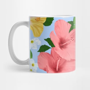 Tropical Hibiscus and Palm Fronds in Light Blue Mug